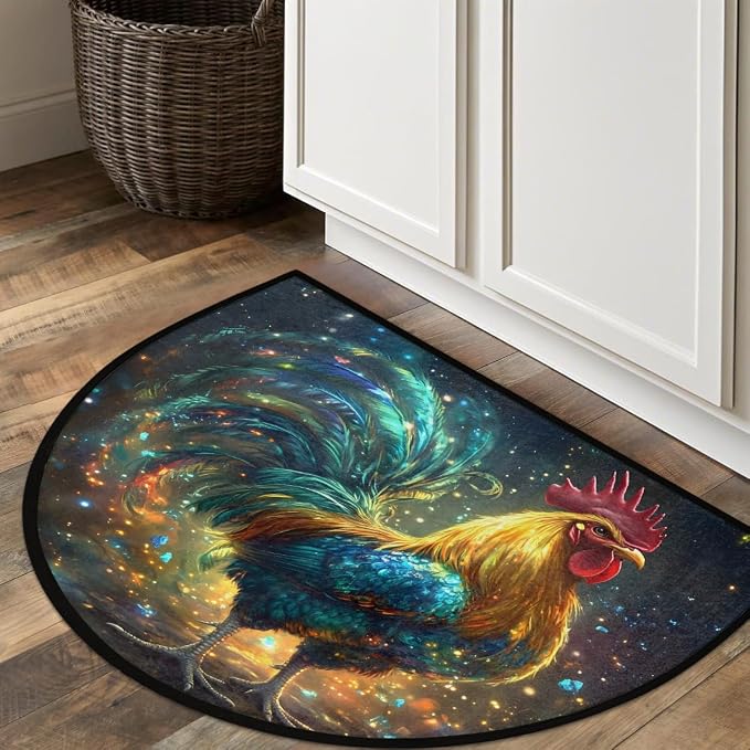 Galaxy Rooster Half Round Door Mat Non-Slip Semi Circle Rug Washable Half Moon Floor Rug Absorbent Bathroom Area Rugs for Outdoor Indoor Fireplace Mat Entryway Kitchen Decor Rugs
