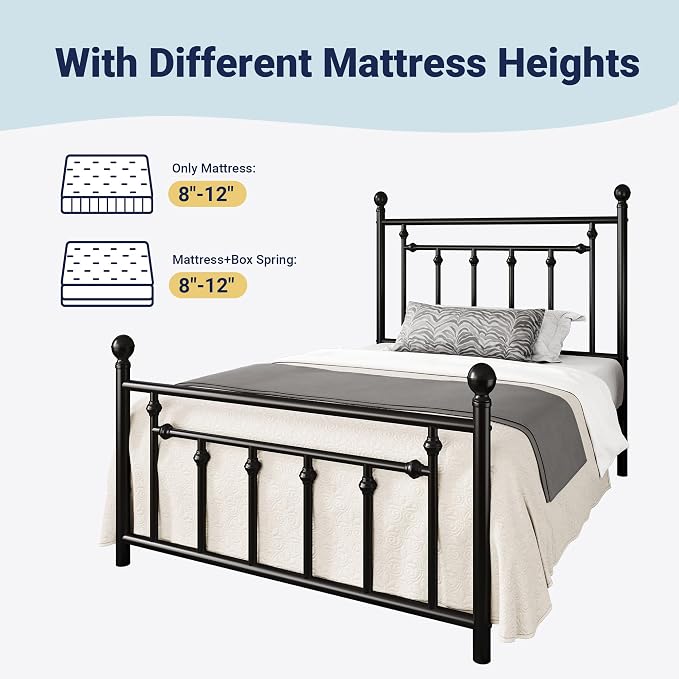 Allewie 14'' Twin Size Metal Platform Bed Frame, Vintage Headboard, Black | 45'' Tall Victorian Headboard/Footboard/Mattress Foundation/Under Bed Storage/No Box Spring Needed/Easy Assembly/Noise Free