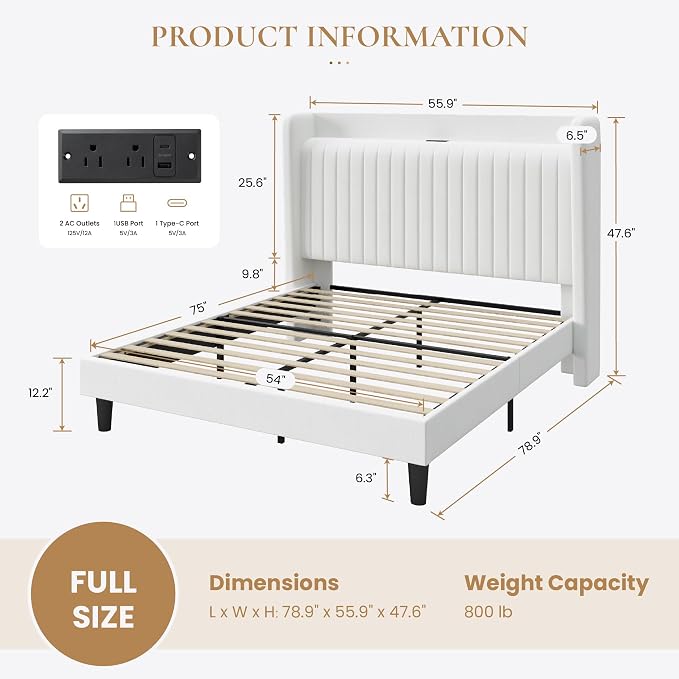 SHA CERLIN Full Size Velvet Bed Frame with Shelf, Charging Station, White | Wingback Storage Headboard, Upholstered Platform Bed, Wooden Slats Support, No Box Spring Needed, Easy Assembly, Noise Free