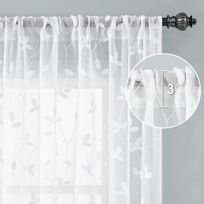 HOMEIDEAS White Sheer Curtains 52 X 84 Inches Length 2 Panels Embroidered Vine - Image 5