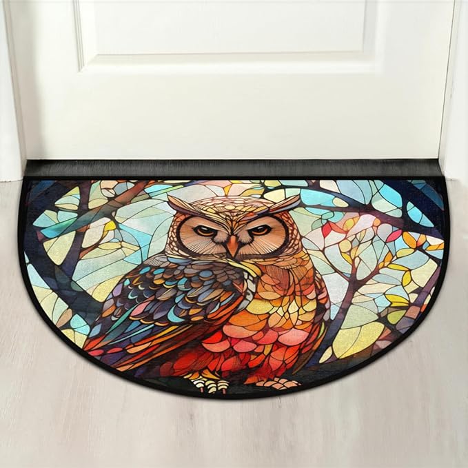 Owl Glass Window Half Round Door Mat, Non-Slip Entrance Welcome Mat for Indoor Semi Circle Bathroom Floor Rugs Outdoor Mats House Entry Way Heavy Duty Doormat for Kitchen Living Room 36x24 Inch