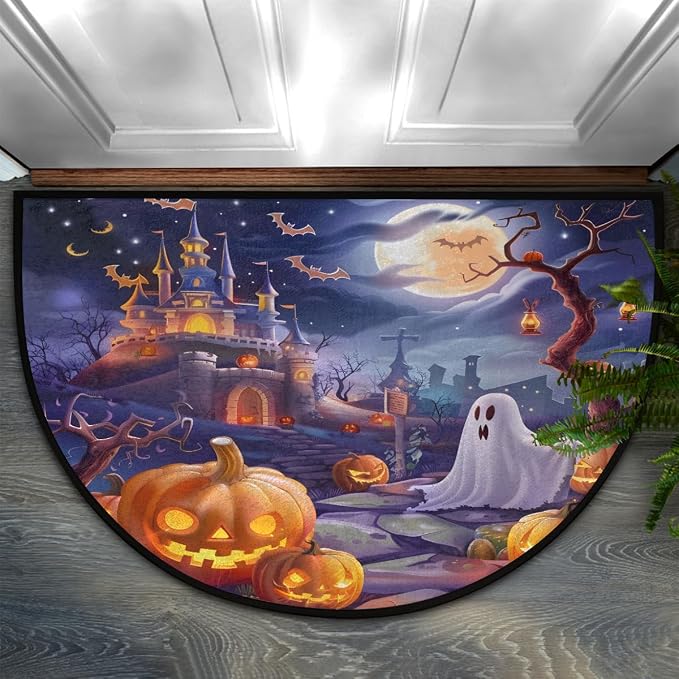 cfpolar Half Round Door Mat Halloween Pumpkin bat Ghosts Non-Slip Semi Circle Area Rug Washable Half Moon Hearth Rugs for Indoor Outdoor Bathroom Kitchen Patio Runner Mat Laundry Room Home Decoration