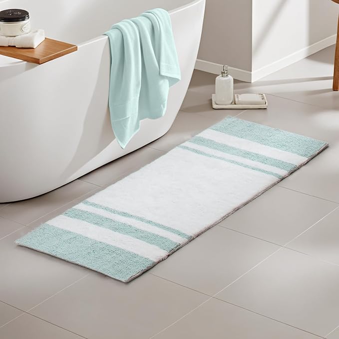 Madison Park Reversible Spa Cotton Bath Rug 100%-Cotton Striped Ultra Soft Water Absorbent, Fast Drying, Bath-Mats, Non-Slip Absorbent Quick Dry Mats for Tub, Shower Room, and Bathroom, 27x45, Aqua | Quick Dry, Ultra Soft, Pile, Machine Washable, Plush...