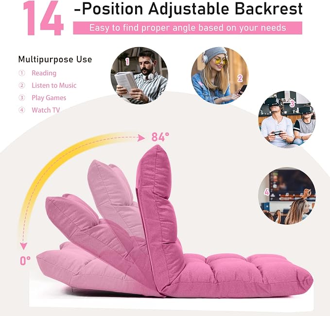 COSTWAY Floor Chair, Folding Gaming Chair with Back Support (Pink) | 14 Adjustable Positions, Alloy Steel Frame, Lazy Sofa Lounge for Playing Reading Meditating Room Recliner for Adults, Kids