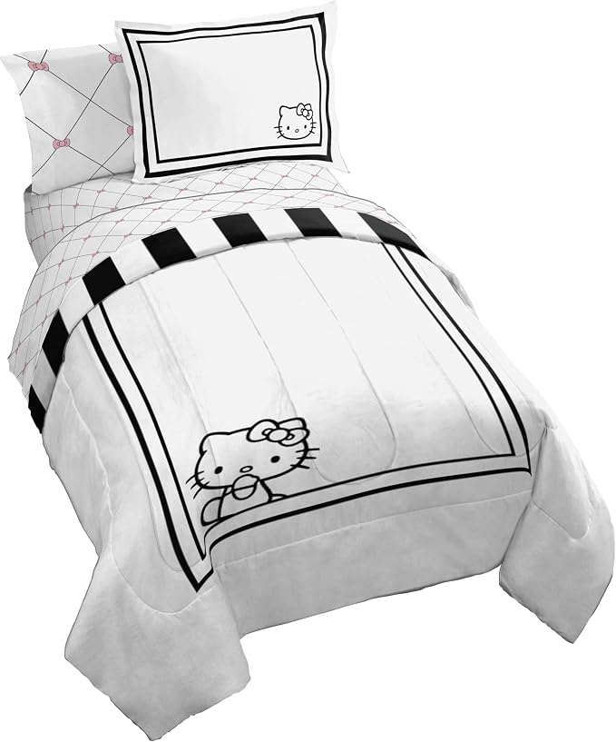 Sanrio Hello Kitty Twin Comforter Set 5 Piece Bedding for Girls, White | Bed in a Bag, Comforter Sheets Sham Pillowcase, Official Product, Soft Microfiber, Machine Washable, Easy Care, Girls Gift
