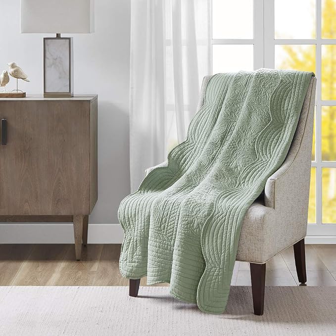 Madison Park Luxe Damask Stitching Throw Blanket, 60"x72" | Cotton Filled Spread, Ultra Soft, Cozy Bedding for Living Room Couch, Sofa, Bed, Scalloped Borders, Seafoam