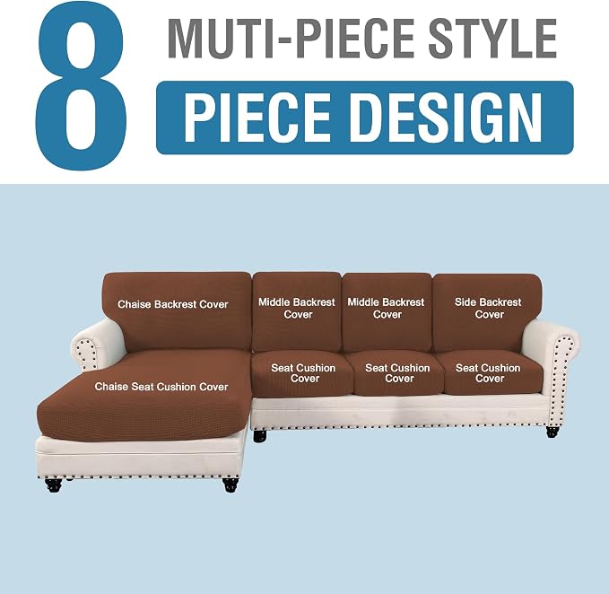H.VERSAILTEX Sectional Couch Covers 8 Pieces Stretch Sofa Covers for Sectional Sofa Set Separate L Shaped Couch Cover for Both Left/Right Couch (Seat and Back: 1 Chaise + 3 Sofa, Caramel)
