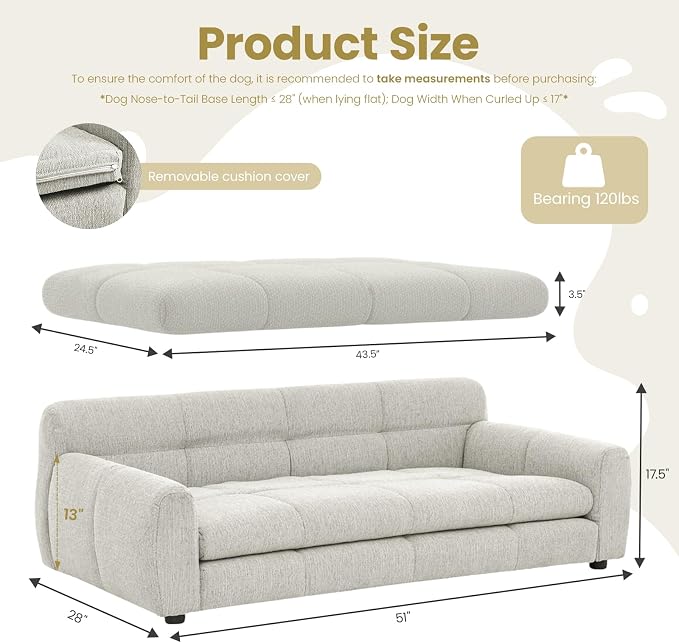 51" XL Dog Bed Couch, Elevated Large Dog Sofa with Backrest and Armrests, Soft Memory Foam Extra Large Pet Bed with Removable Cushion, Durable Linen Pet Couch Furniture, Beige