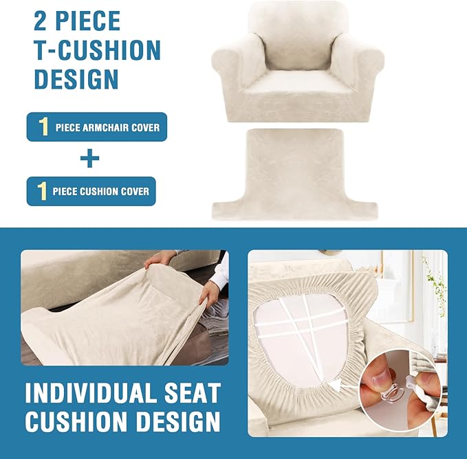H.VERSAILTEX Sofa Cover 2 Piece T Cushion Armchair Slipcovers Thick Velvet Couch Cover Furniture Protector Stretch T Cushion Sofa Covers for 1 Cushion Couch with 1 Individual T Cushion Covers, Ivory