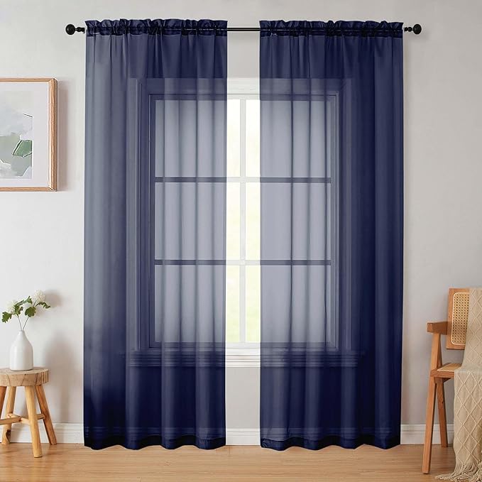 Navy Blue Sheer Curtains 84 Inches Long 2 Panels, Soft Airy Light Filtering by WelvetBLK