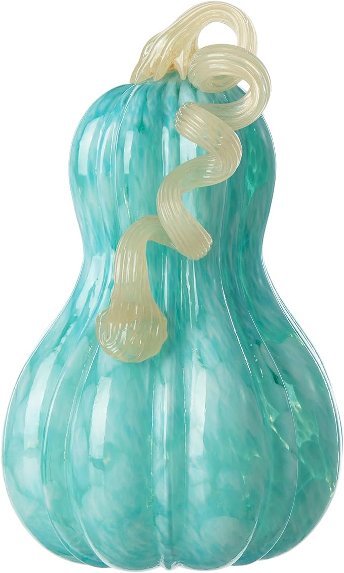 Glitzhome Hand Blown Glass Pumpkin Decor 8.5" Turquoise - Artisan Fall Harvest Thanksgiving Table Centerpiece Halloween Home Decor