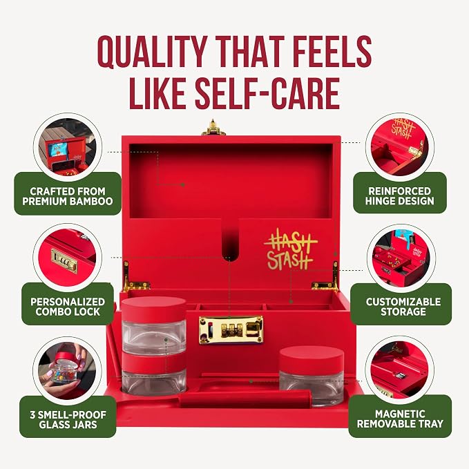 The OG Storage Box - Large Bamboo Box with Combination Lock, Magnetic Lid, Organizer Tray, Airtight Tube, Brush and 3 Glass Jars - Low Profile Decorative Storage Lock Box with Accessories (Red/Gold)
