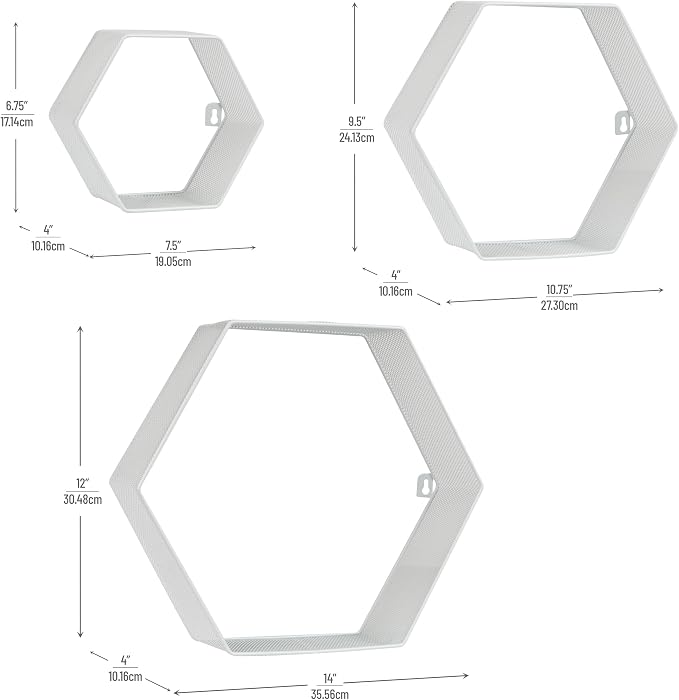Mind Reader Hexagon Floating Shelves, Wall Decor, Honeycomb Accent Shelf, Office, Metal Mesh, 14" L x 4" W x 12" H, Set of 3, White