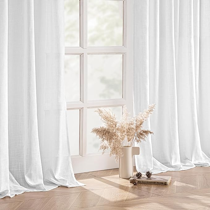 MIULEE White Linen Curtains 98 Inch Long 2 Panels for Bedroom Living Room, Soft Thick Linen Textured Back Tab Window Drapes Semi Sheer Light Filtering Rod Pocket Modern Farmhouse Decor