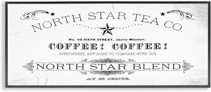 North Star Tea Coffee Vintage Sign, 13 x 30 Inch Framed Giclée Print | Stupell Industries · By Lil' Rue · Ready to hang · Great for kitchen or dining room · Made in USA