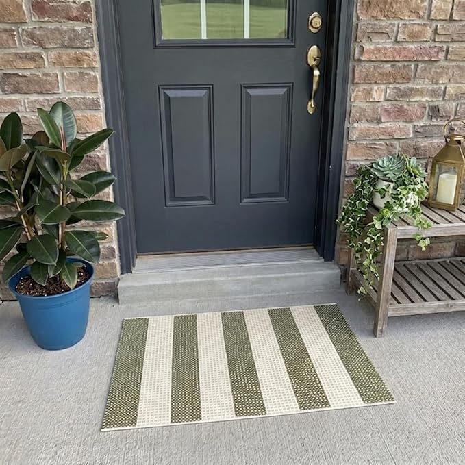 LEEVAN Door Mat Outdoor Entrance 2x3, Washable Striped Front Porch Rug, Green White and Tan Buffalo Welcome Mat, Spring Outside Entryway Rugs, Cotton Woven Indoor Outdoor Layered Doormats