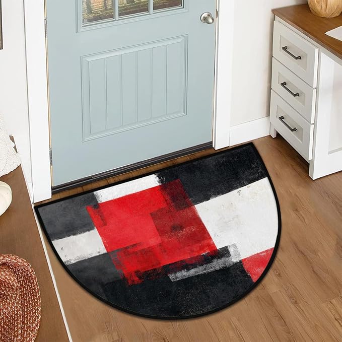 Black Red Half Round Doormat Semi Circle Rug Half Moon Rug Entryway Mat | Black Red Washable Non Slip Outdoor Floor Rug Kitchen Mat for Indoor Outdoor Bathroom Fireplace Bath Decor