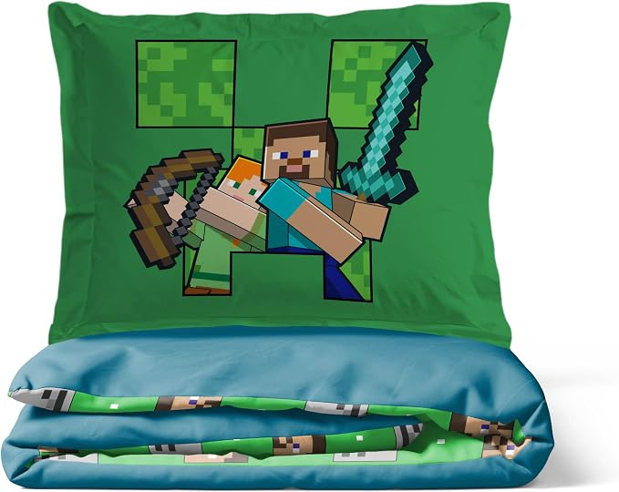 Jay Franco Duvet Cover Set – 3 Piece Comforter Cover and Sham Set, Super Soft Cozy Kids Bedding (Insert Not Included) Blue - Minecraft, Queen