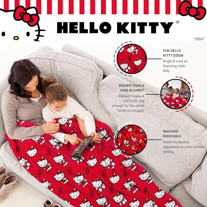 Hello Kitty Bedding Super Cozy Oversized Family Blanket, 120 in x 108 in, (Officially Licensed Product) by Franco Collectibles