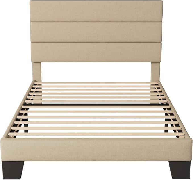 Allewie Twin Size Platform Bed Frame with Fabric Upholstered Headboard | Wooden Slats Support, Fully Upholstered Mattress Foundation, No Box Spring Needed, Easy Assembly, Noise-Free, Beige