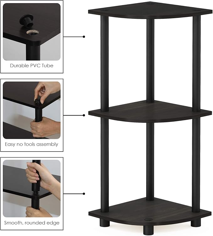 Furinno Turn-N-Tube Toolless Assembly 3-Tier Corner Shelf, Corner Book Shelf, Open Shelves Bookshelf, for Organization and Storage, Living Room, Home Office, Bedroom, Black Espresso