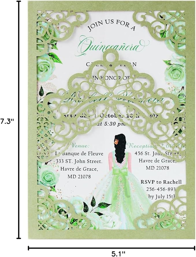 Hosmsua 50PCS Blank Sage Green Quinceanera Invitations with Envelopes, 5.1x7.3 Inch Laser Cut Floral Crown Pocket Invitation Cards for Quinceanera Birthday Quince Anos