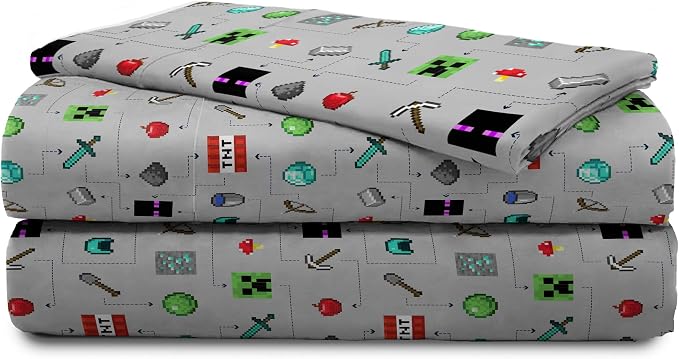 Jay Franco Kids Sheet Set with Fitted, Flat Sheets & Pillow Cover - Ultra-Soft Bedding with Pillowcase for Room Decor, Gray - Minecraft, 3 Piece Twin