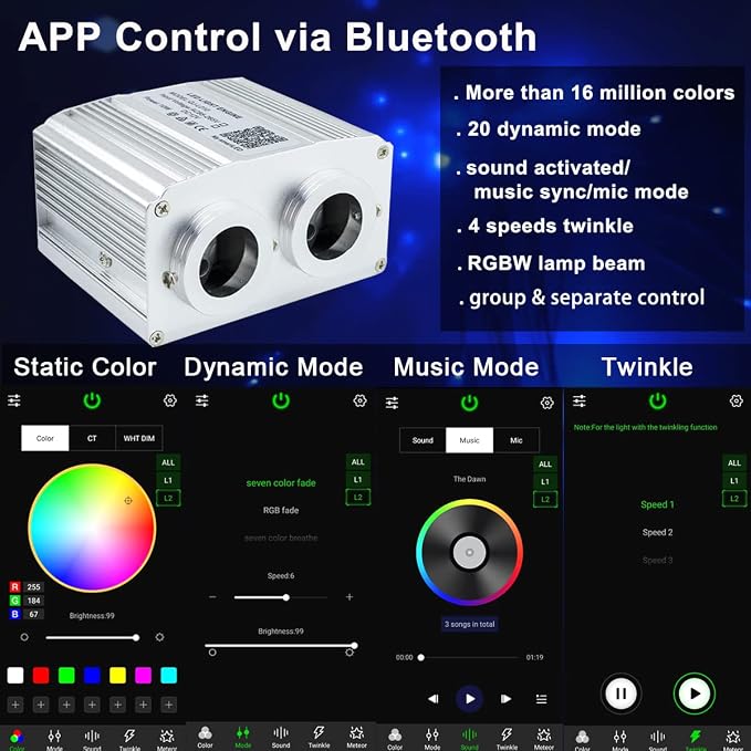 AZIMOM Two Port 16W Twinkle 800pcs Fiber Optic Starlight Headliner Kits 0.03in 13.1ft Fiber Strands Sound Activated Remote APP Control Dual Port Starlight Box Car Home Ceiling Decor