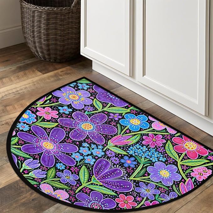 Daisy Half Round Door Mat Semi Circle Rug Half Moon Doormat | Soft Washable Colorful Purple Welcome Entrance Mat for Outdoor Indoor Floor Bedroom Bathroom Home Kitchen Festival Decor