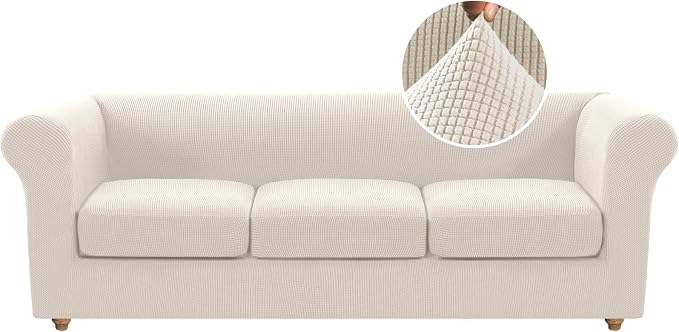 H.VERSAILTEX 4 Piece Stretch Chesterfield Sofa Slipcovers for 3 Seat Cushion Couch Mid Century Deep Seat Sofa Covers (Base Cover Plus 3 Seat Cushion Covers) Thicker Jacquard Fabric (Large Sofa, Ivory)