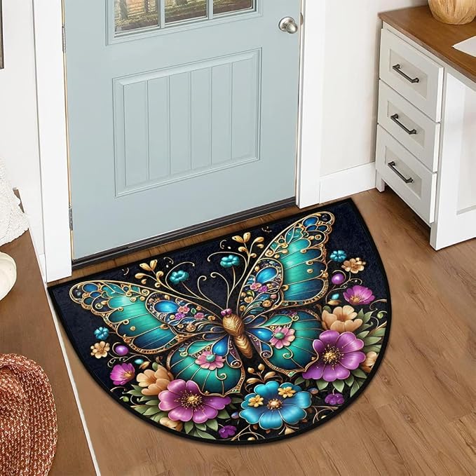 Pretty Butterfly Half Round Door Mat Semi Circle Rug Half Moon Doormat | Pretty Butterfly Soft Washable Welcome Entrance Mat for Outdoor Indoor Floor Bedroom Bathroom Home Kitchen Festival Decor