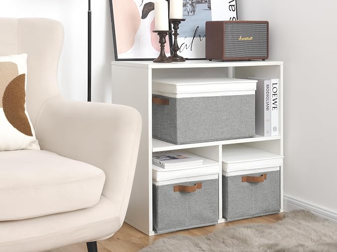StorageWorks Storage Bins with Lids, Decorative Storage Boxes with Lid and PU Handles, Foldable Storage Baskets for Closet, Shelves, Stackable, Gray and White, Jumbo, 3-Pack