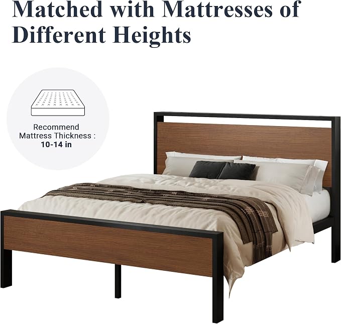 Allewie Queen Size Bed Frame, Heavy Duty 12 Metal Slats Support, Walnut | Wooden Headboard and Footboard, Modern Platform Bed, No Box Spring Needed, Under-Bed Storage, Noise Free, Easy Assembly
