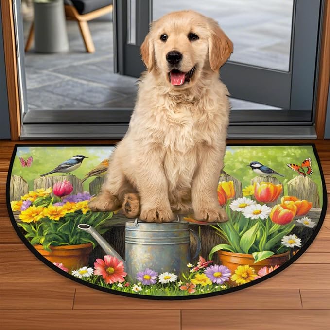 cfpolar Spring Birds Flowers Half Round Door Mat Indoor Entrance Half Circle Area Rug Semi Circular Door Mat Half Moon Rug for Floor Bathroom Living Room Bedroom Kitchen Fireplace 24"x36",A-08