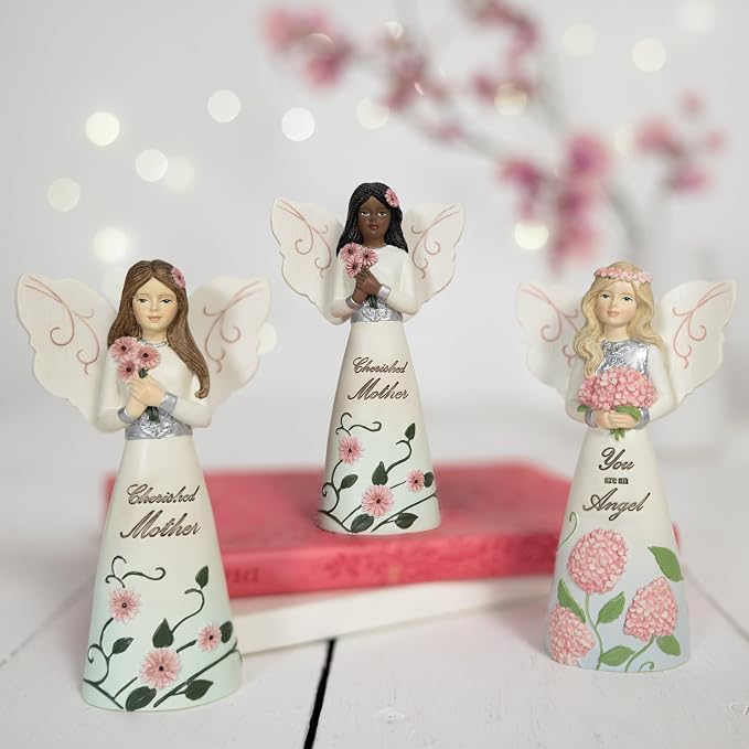 Pavilion Gift Company - Cherished Mother - 5" Ebony African American Angel Figurine Floral Spring Home Decor Mommy Mama Mom Present from Daughter Son Kids