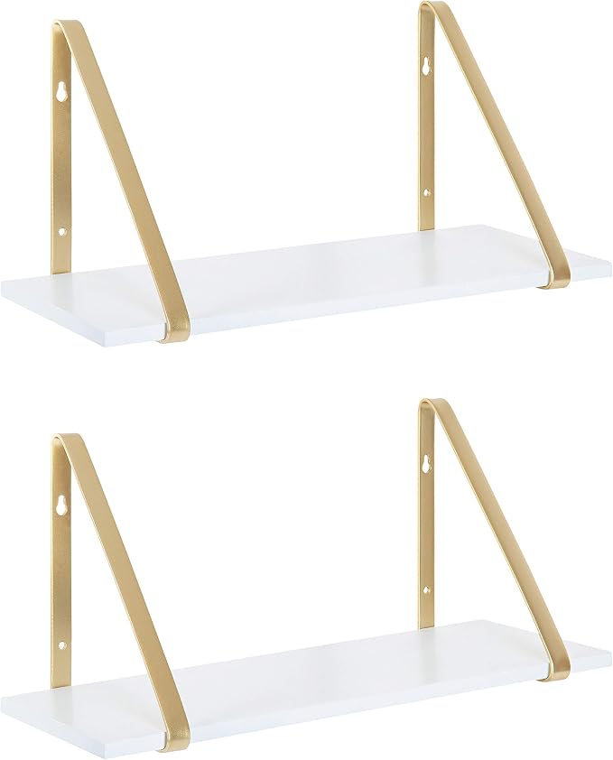 Kate and Laurel Soloman Modern Wooden Shelves, 18 inch, Set of 2, White and Gold, Contemporary Glam Wall Storage and Home Decor