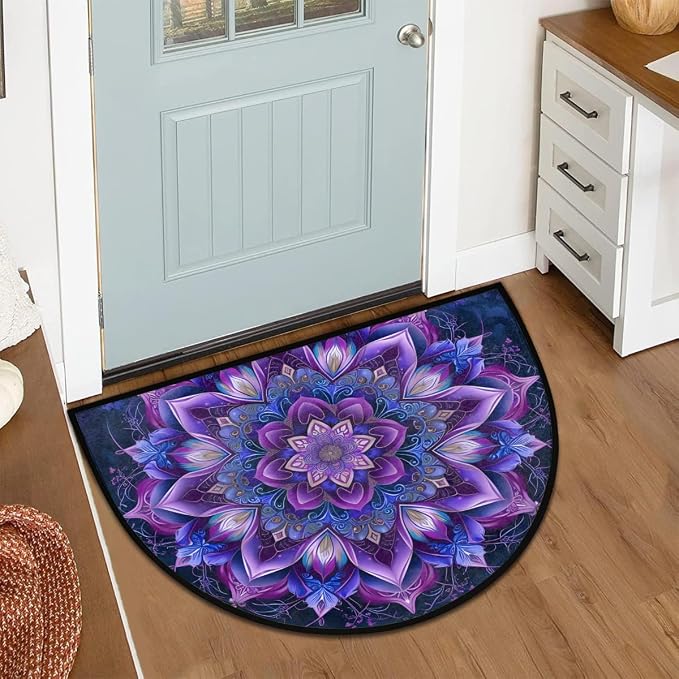 Pardick Purple Mandala Half Round Doormat Semi Circle Rug Non Slip Indoor Outdoor Entrance Half Moon Rug Absorbent Durable Washable Front Floor Mat for Kitchen Bathroom Patio Fireplace