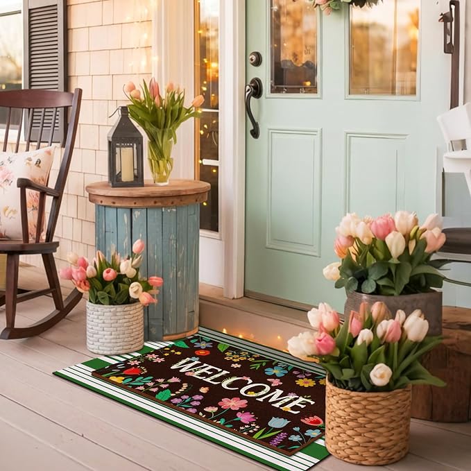 Tinideya 2 Pcs Door Mat Welcome Non Slip Coir Mats Floor Layering Doormats Seasonal for Front Porch Entryway Decor(Colorful Flowers)