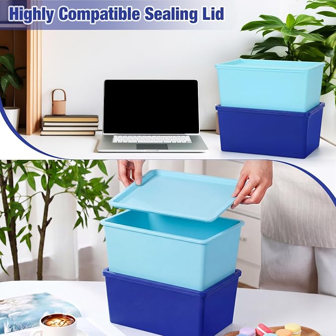 Menkxi 6 Pcs Storage Bins with Lids Small Plastic Storage Containers Stackable Storing Baskets Box Cute Organizer Bins for Organizing Shelves (Blue Series)