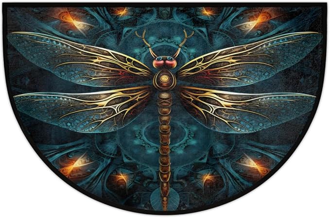 Pardick Half Round Doormat Dragonfly Animal Blue Semi Circle Rug Non Slip Indoor Outdoor Entrance Half Moon Rug Washable Front Floor Mat for Kitchen Bathroom Patio Fireplace Holiday Decor