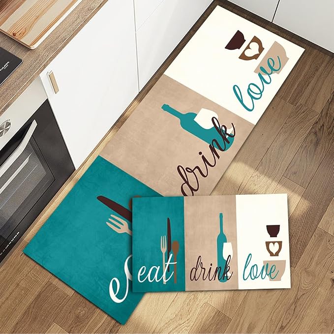 GUBIYU Set of 2 Kitchen Rugs Non Slip Teal Green Beige Washable Area Rugs With Eat Drink Love Motto Design Rustic Decor and Accessories for Kitchen Floor and Bathroom