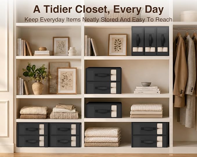 DIMJ Bed Sheet Organizers and Storage 8 Pack - Foldable Sheet Holder, Linen Closet Organizer Box for Sheets Set, Bedding, Blankets, Towel (King & Queen Size)