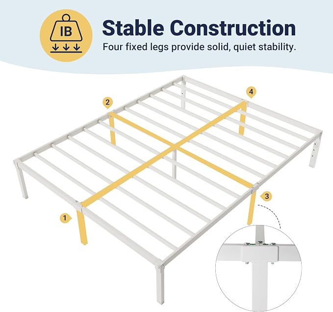Allewie Queen Bed Frame, 14 inch Metal Beds with Storage Space, White | Heavy-Duty Metal Platform Beds, Large Under-Bed Storage Space, No Box Spring Needed, Easy Assembly
