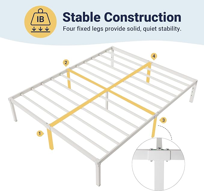 Allewie Full Size Bed Frame, 14 inch Metal Beds with Storage Space, White | Heavy-Duty Metal Platform Beds, Large Under-Bed Storage Space, No Box Spring Needed, Easy Assembly