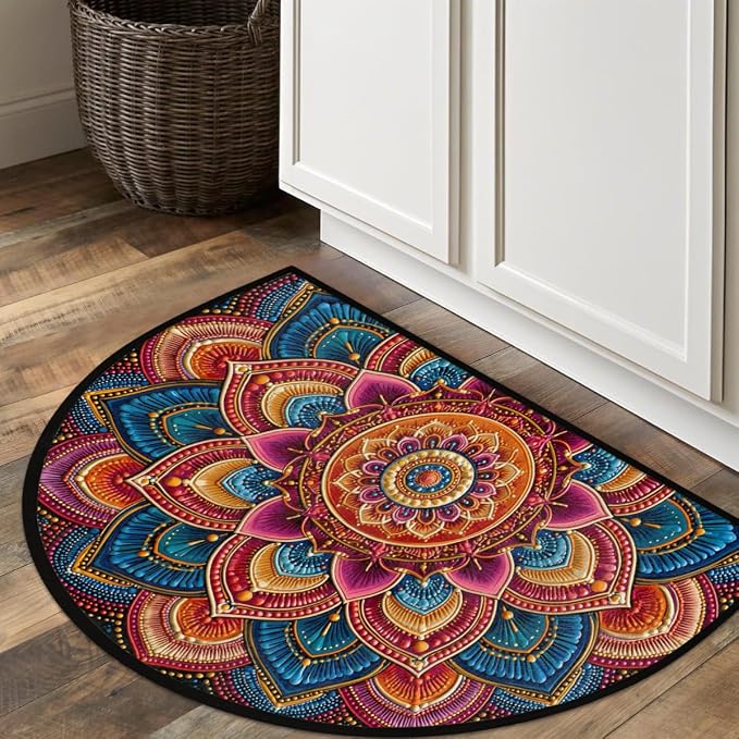 Mandala Half Round Door Mat Semi Circle Rug Half Moon Doormat | Soft Washable Colorful Geometric Welcome Entrance Mat for Outdoor Indoor Floor Bedroom Bathroom Home Kitchen Festival Decor
