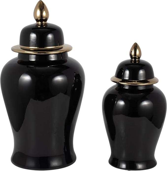 Ceramic Temple Jar with Lid for Living Room Decor - Contemporary Flower Vase for Bedroom, Home Styling, and Kitchen Counter - Sculpted House Accent for Office and Table Decor - 18", Black & Gold