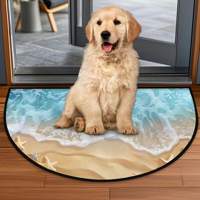 Beach Waves Starfish Half Round Door Mat Non-Slip Semi Circle Rug Washable Half Moon Floor Rug Absorbent Bathroom Area Rugs for Outdoor Indoor Fireplace Mat Entryway Kitchen Decor Rugs