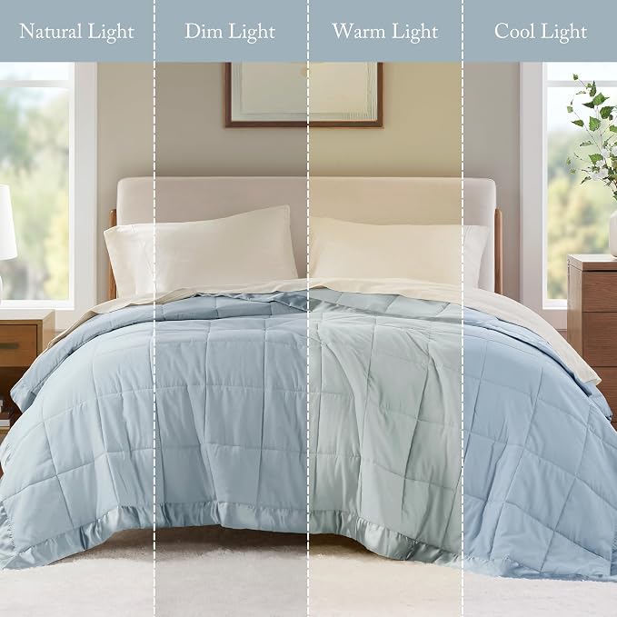 Madison Park Down Alternative King Size Blanket for Bed, Satin Trim, Blue | Lightweight Windom Blanket Premium 3M Scotchgard Moisture Wicking Treatment, OEKO TEX, Soft Bed Cover, All Season