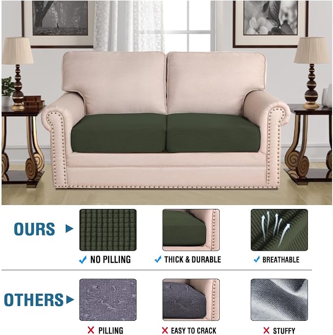 H.VERSAILTEX Super Stretch Individual Seat Cushion Covers Sofa Covers Couch Covers Slipcover Sets Thick Jacquard Textured Twill Fabric (2 Piece Medium Sofa Cushion Covers, Olive)