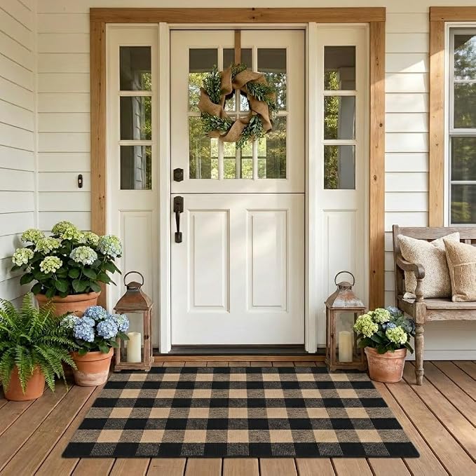 Buffalo Plaid Rug 3' x 5' Brown and Black Front Door Mat Reversible Layered Porch Rug Washable Hand Woven Cotton Area Rug for Indoor Outdoor Entryway Patio Porch Decor